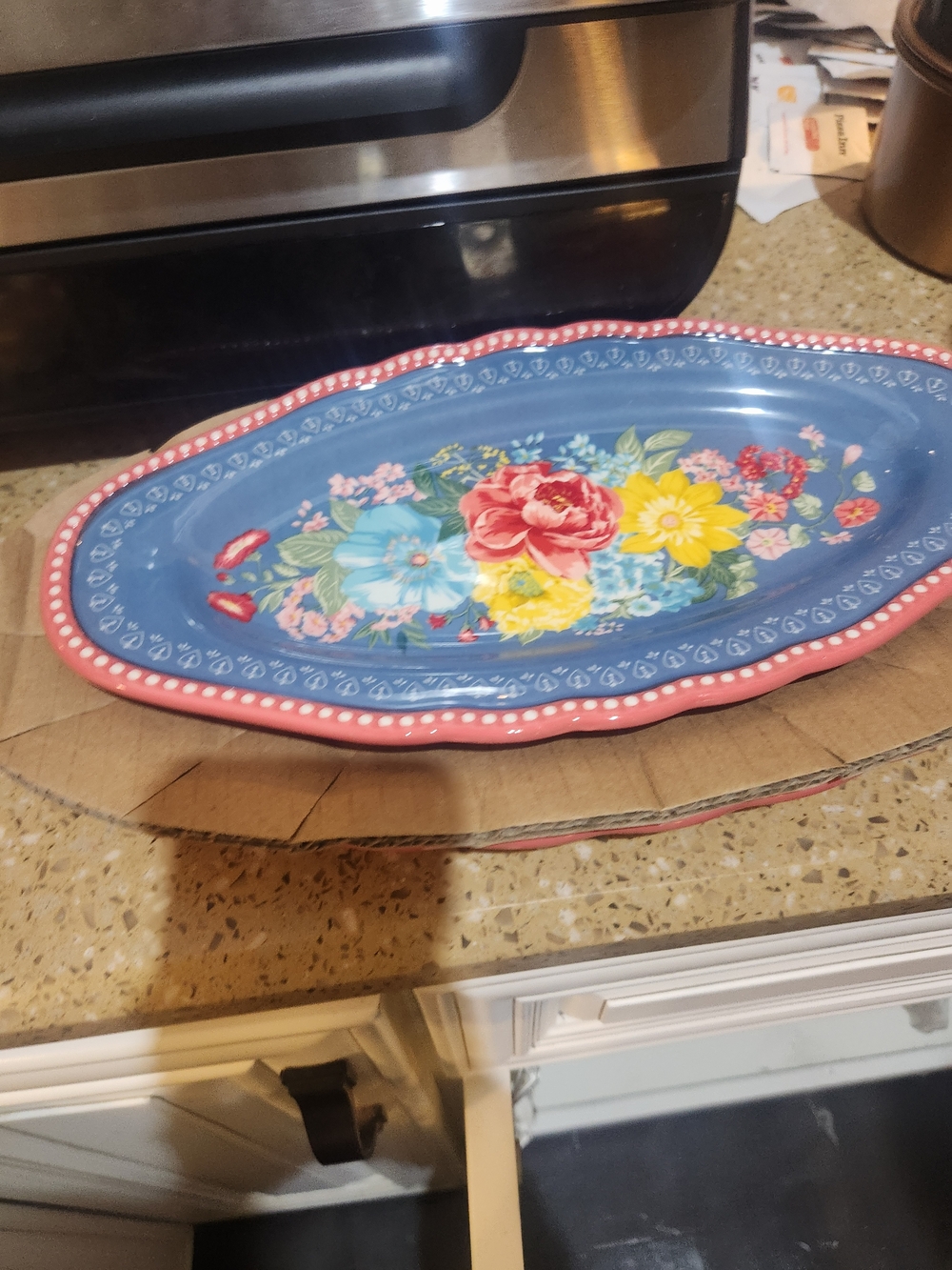 Source Unknown Blue Floral Oval Platter with Pink Rim